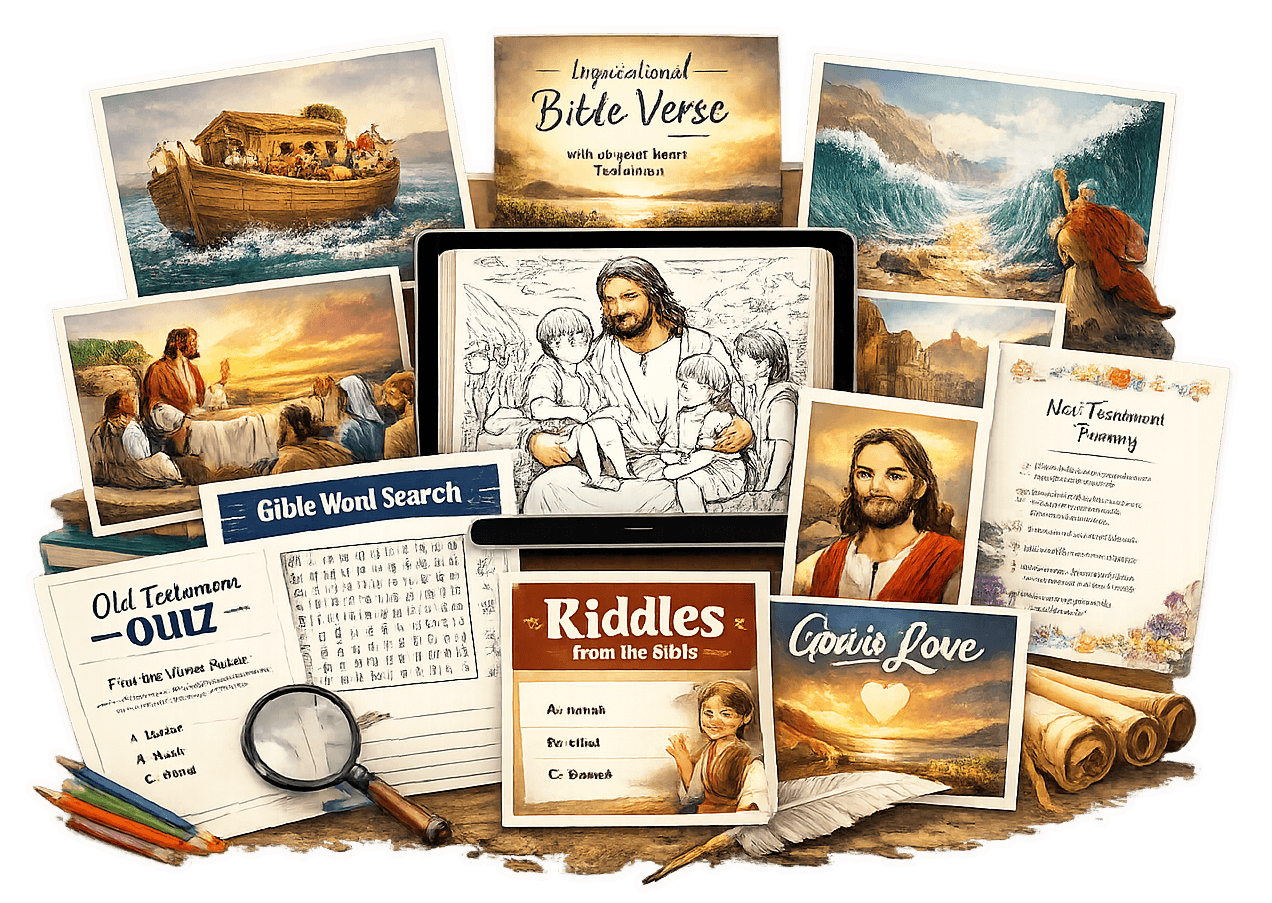 Christian digital resources bundle with Bible stories, Bible coloring pages, New Testament and Old Testament character images, Bible activities, quizzes, word searches, poems, clipart, and Bible quote graphics.